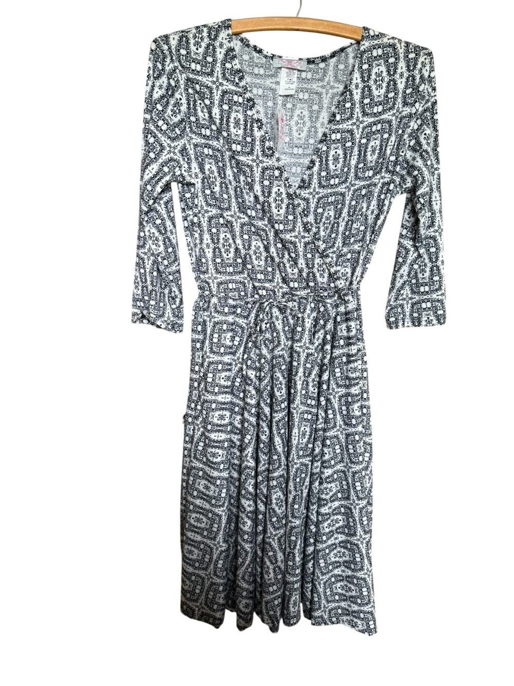 Dark Blue & White Printed Stretchy Midi Dress with Tie Waist
